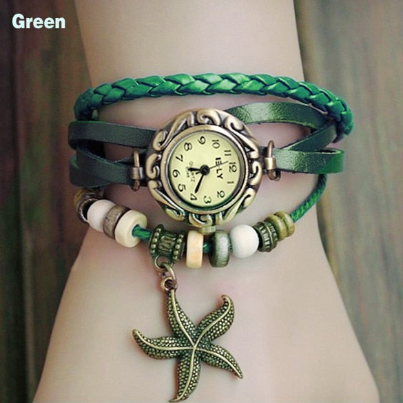 Reloj de pulsera de estrella de mar para mujer, reloj Retro tejido, relojes envolventes de cuero genuino, reloj de pulsera de estrella de mar, esfera pequeña Bnad delgada LL