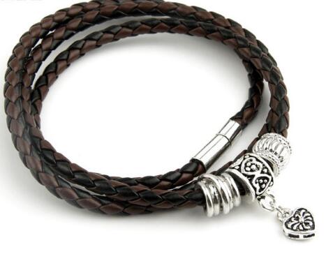 Pulsera de cuero negro con dije de plata BAMOER para mujer, joyería con cierre magnético de cinco colores PI0311 