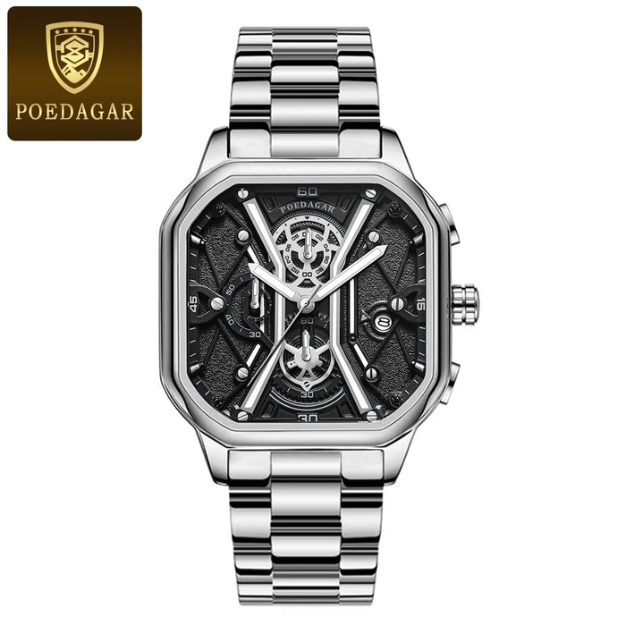 POEDAGAR, relojes de pulsera de lujo a la moda para hombre, cronógrafo luminoso, resistente al agua, reloj con fecha para hombre, esfera cuadrada, relojes de cuarzo de cuero para hombre