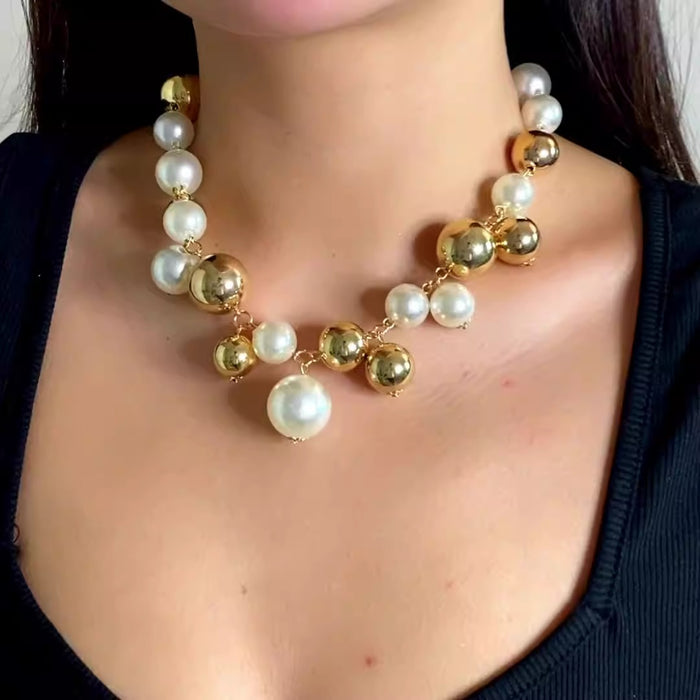 Collar hecho a mano con borlas de perlas de imitación y cuentas redondas para mujer