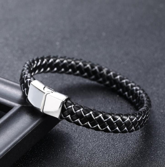 Fashion Braided Black Blue Leather Bracelet Men Stainless Steel Magnetic Clasp Charm Bangles Male Wrist Band Gifts