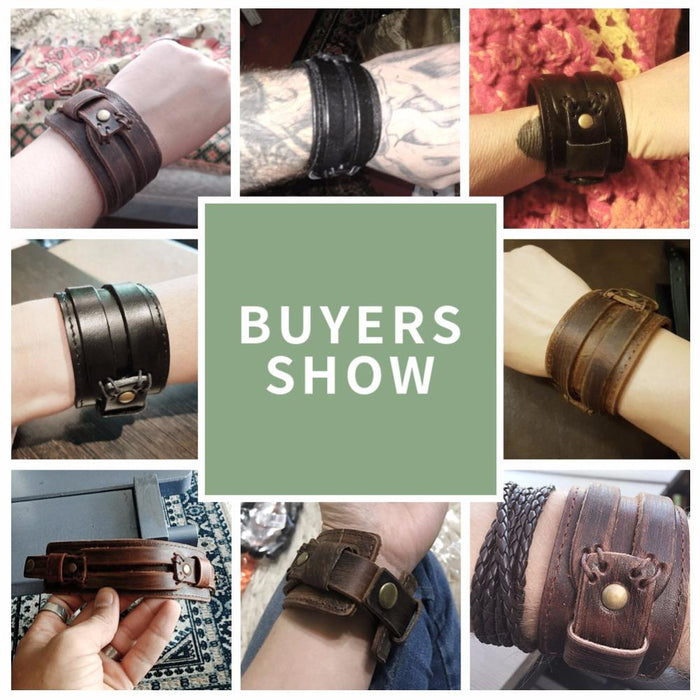 BAMOER Leather Cuff Double Wide Bracelet Rope Bangles Brown Unisex Jewelry PI0296