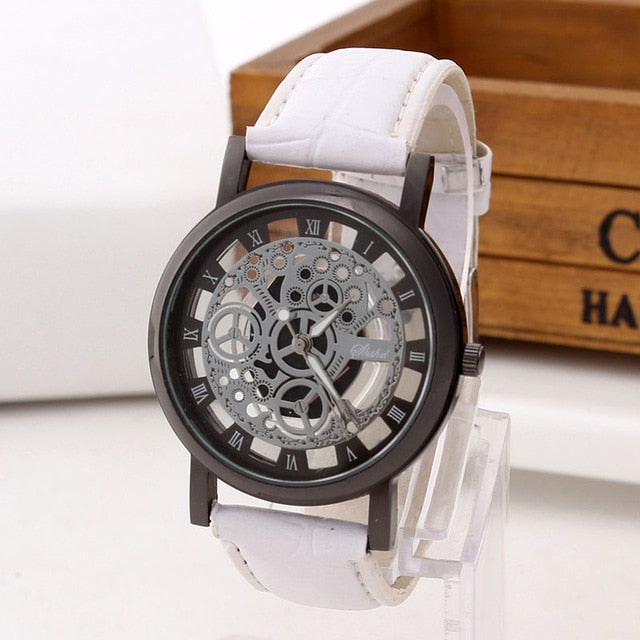 Reloj esqueleto de negocios a la moda para Hombre, Reloj hueco grabado para Hombre, Reloj de pulsera de cuarzo, Reloj con banda de cuero para Mujer, Relojes para Mujer