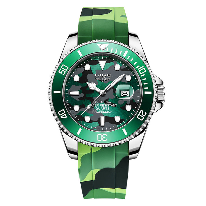 LIGE Reloj de Cuarzo para Hombre Reloj Resistente al Agua 30M Correa de Silicona Camo