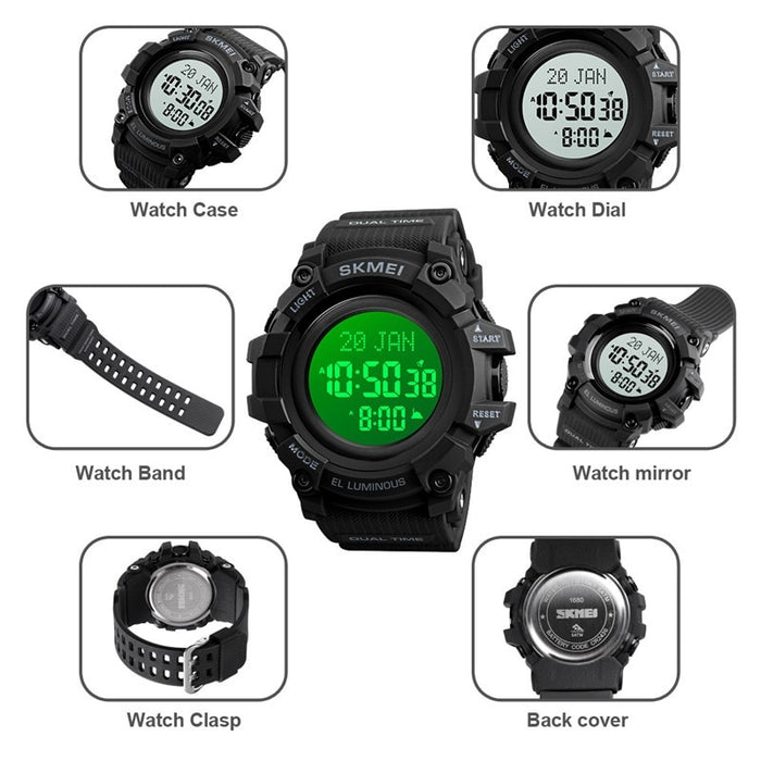 SKMEI 1680 Brújula musulmana Slamic Indicación de dirección de oración multifuncional Relojes deportivos Reloj de pulsera de goma digital LED electrónico 