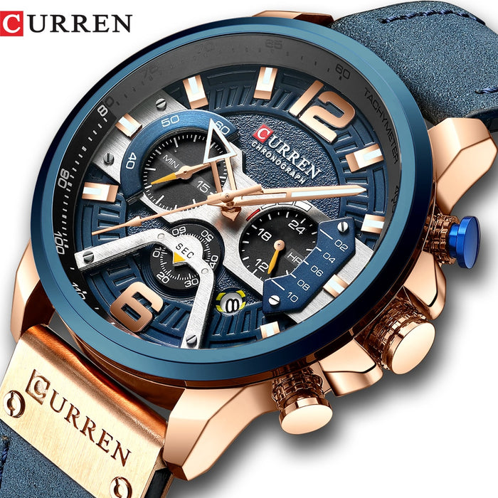 Relojes deportivos informales CURREN para hombre, parte de arriba de color azul, reloj de pulsera de Cuero militar de lujo, reloj de pulsera para hombre, reloj de pulsera con cronógrafo de moda