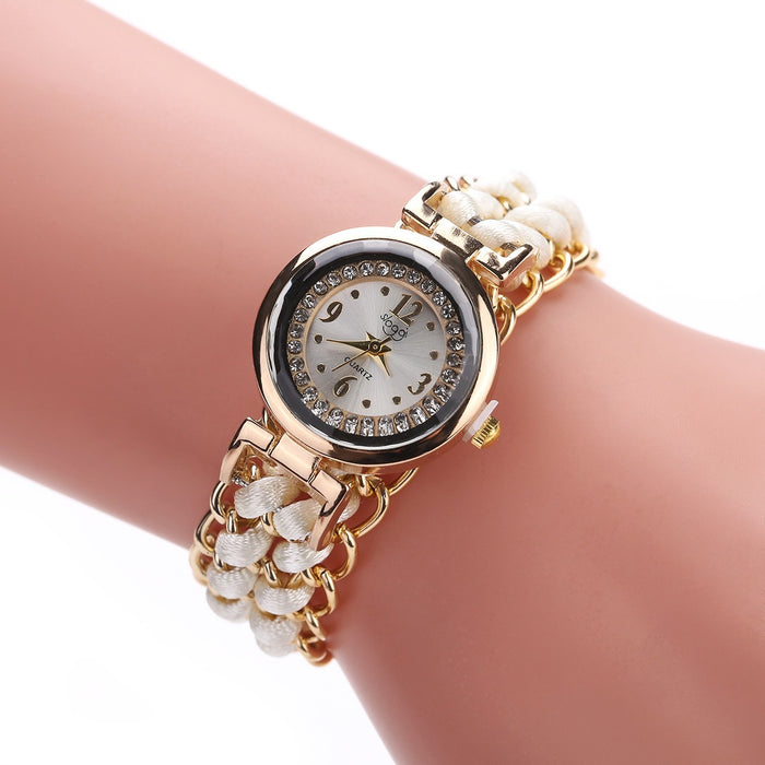 Nuevo reloj de cuerda tejida con esfera pequeña con incrustaciones de diamantes para mujer, reloj de cuarzo con cuerda retráctil de moda creativa para mujer