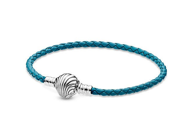 Nueva pulsera de cuero trenzado turquesa con cierre de concha de Plata de Ley 925 de verano para mujer, joyería DIY de moda