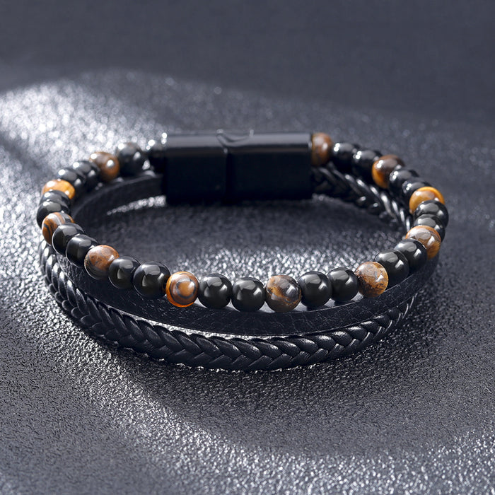 Simple Hand Braided Leather Natural Tiger Eye Bracelet Hand Braided Volcanic Stone Beaded Men's Bracelet