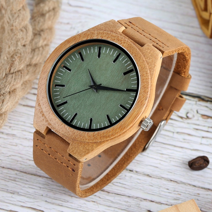 Wooden Watches Quartz Watch Men Bamboo Modern Wristwatch Analog Nature Wood Soft Leather Creative Birthday Gifts