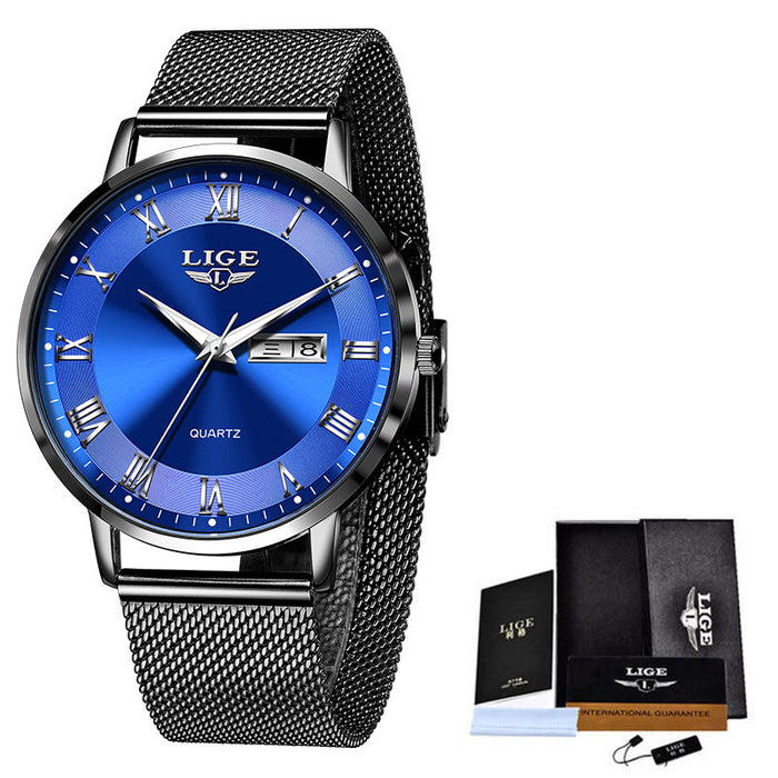 LIGE Ultra Thin Ladies Quartz Watch Classic Women's Watch Dual Calendar Waterproof Watch Milan Mesh Strap Watch