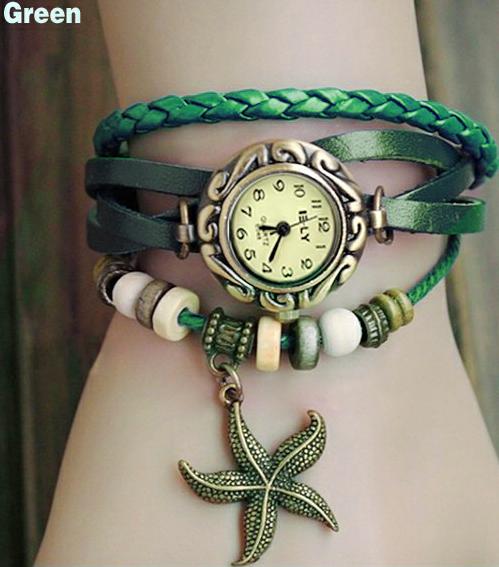 Lady Starfish Bracelet Watch Clock Retro Weave Wrap Watches Genuine Leather Starfish Wristwatch Slim Bnad small Dial LL