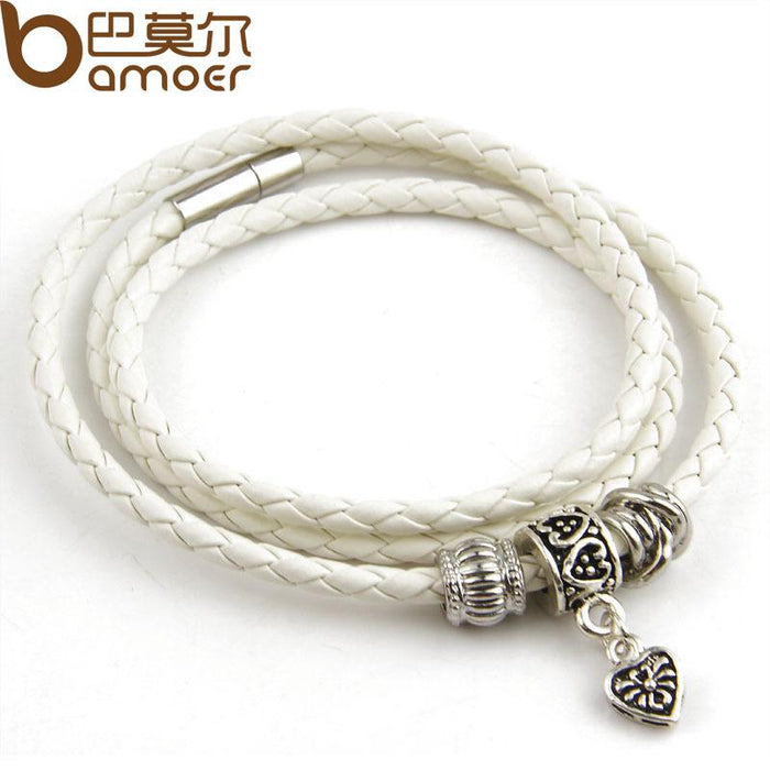 Pulsera de cuero negro con dije de plata BAMOER para mujer, joyería con cierre magnético de cinco colores PI0311 