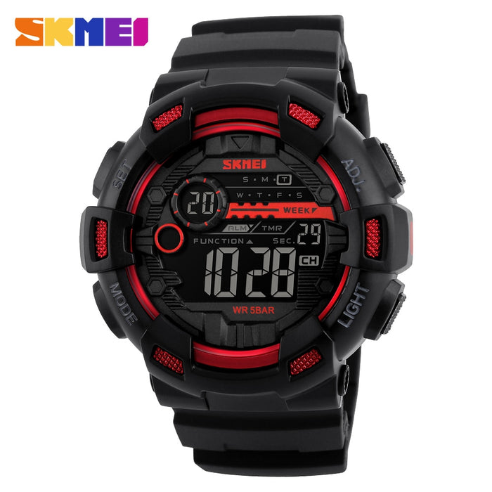 Reloj deportivo SKMEI 1243 para exteriores, reloj multifunción para hombre, 5bar, resistente al agua, correa de PU, relojes con pantalla LED, reloj Digital cronógrafo para hombre 