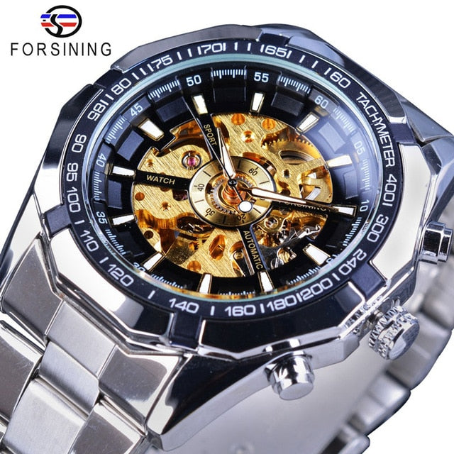 Relojes de esqueleto para hombre resistentes al agua de acero inoxidable plateado, reloj de pulsera mecánico transparente de lujo de marca superior para hombre