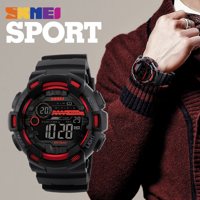 Reloj deportivo SKMEI 1243 para exteriores, reloj multifunción para hombre, 5bar, resistente al agua, correa de PU, relojes con pantalla LED, reloj Digital cronógrafo para hombre 