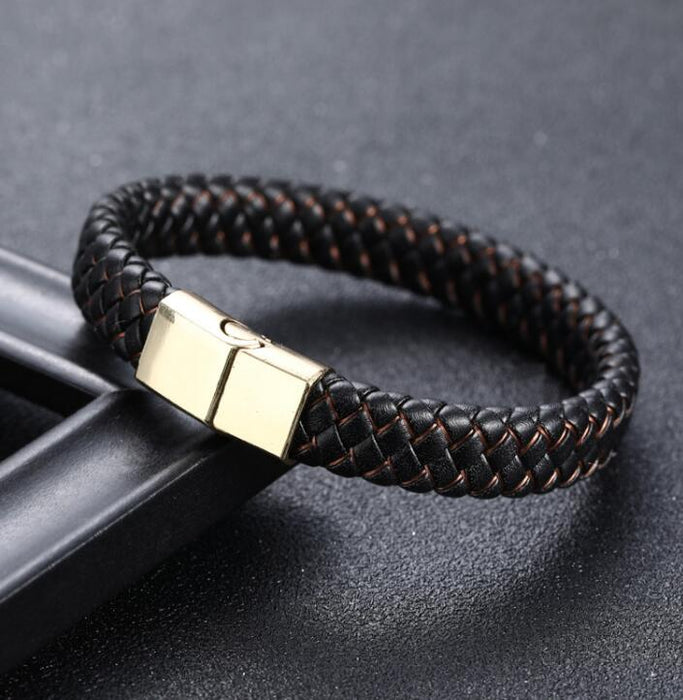 Fashion Braided Black Blue Leather Bracelet Men Stainless Steel Magnetic Clasp Charm Bangles Male Wrist Band Gifts