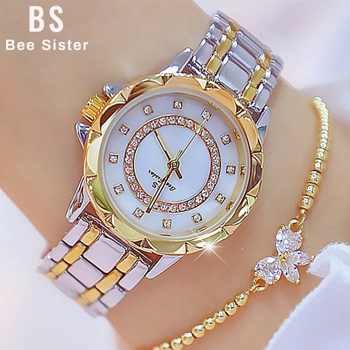 Reloj de marca de lujo con diamantes para mujer, relojes elegantes con diamantes de imitación para mujer, relojes de pulsera dorados para mujer, reloj femenino 