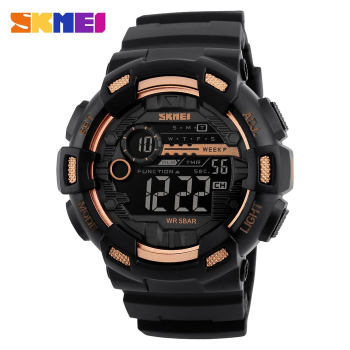 Reloj deportivo SKMEI 1243 para exteriores, reloj multifunción para hombre, 5bar, resistente al agua, correa de PU, relojes con pantalla LED, reloj Digital cronógrafo para hombre 