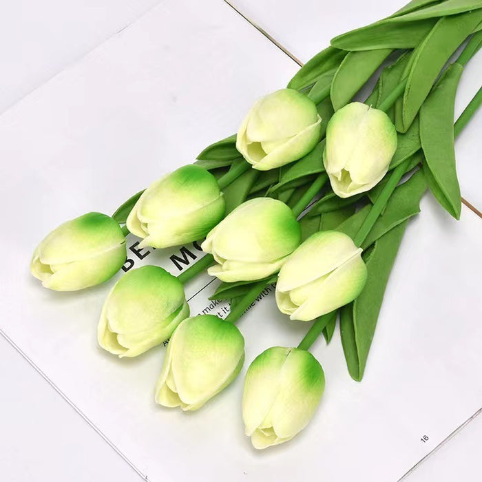 Novia de simulación de alta gama de tulipán con flores en un estilo fresco y minimalista, accesorios de fotografía de boda, flores falsas