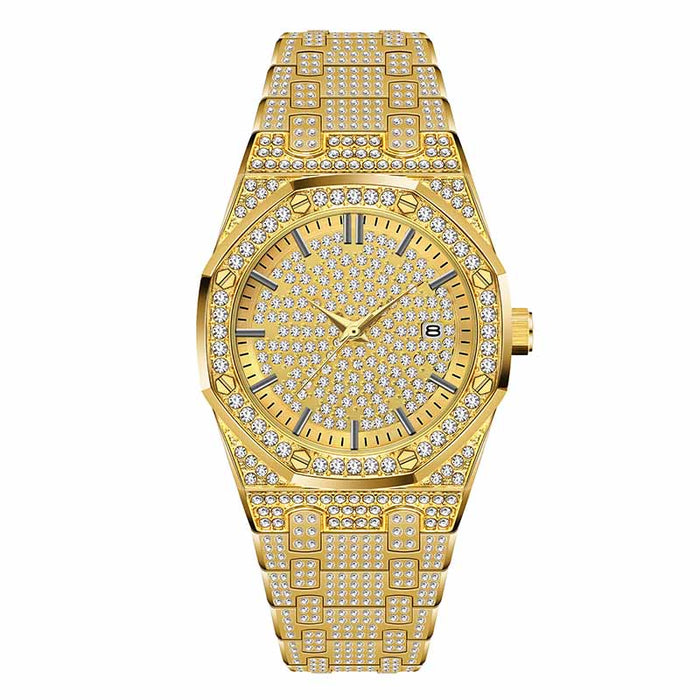 Missfox V294 18K Gold Watch Men Luxury Brand Diamond Mens Watches Top Brand Luxury FF Iced Out Male Quartz Watch Calender Unique Gift For Men