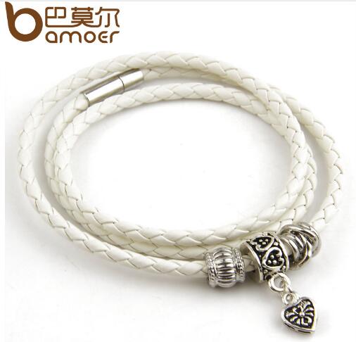 Pulsera de cuero negro con dije de plata BAMOER para mujer, joyería con cierre magnético de cinco colores PI0311 