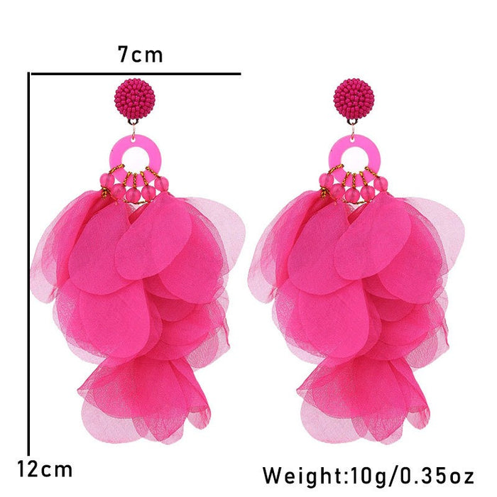 Fashionable handmade fabric floral earrings for women's exaggerated long earrings