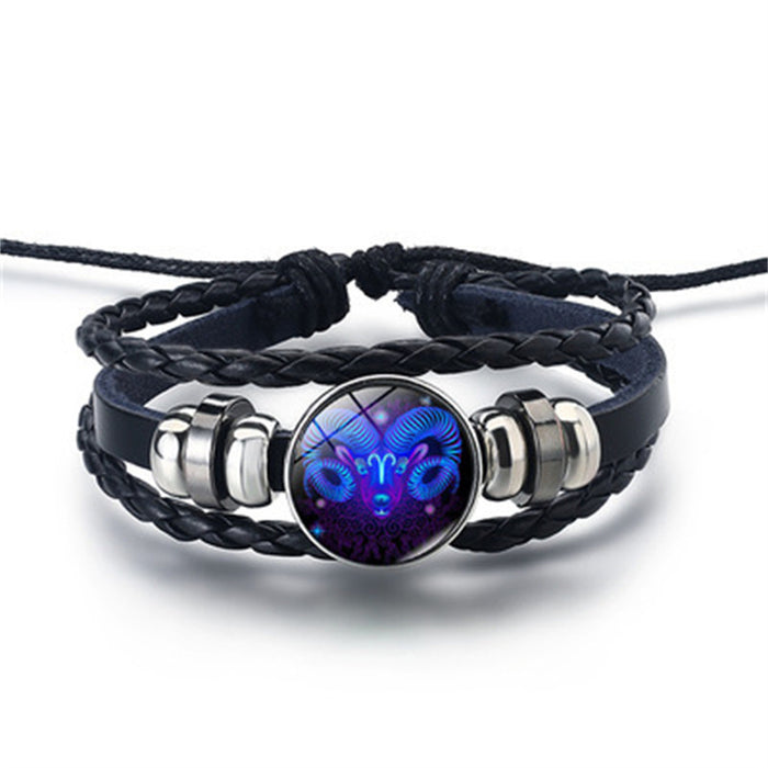 12 Constellations Beaded Glow Leather Bracelet Glass Alloy Multilayer Handwoven 12 Constellations Bracelet