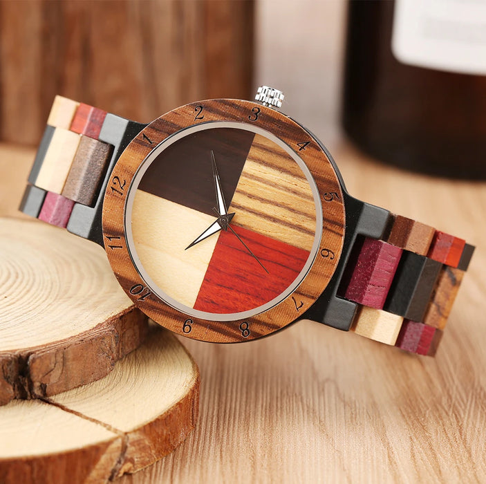 Reloj de cuarzo con esfera de patrón de madera Vintage para hombres y mujeres, reloj de pulsera de madera colorido, elegante reloj de pulsera de madera Natural para parejas 