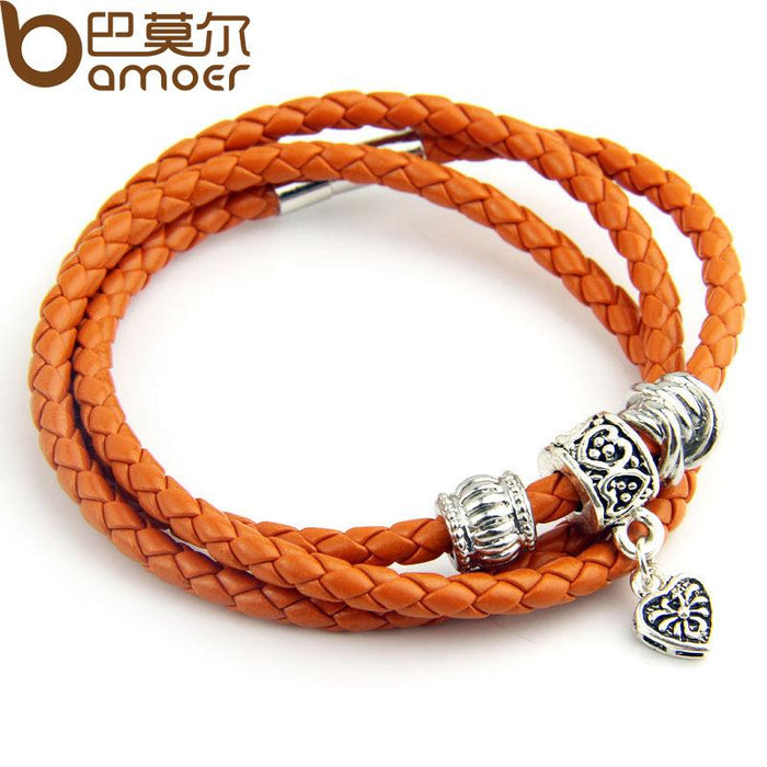 Pulsera de cuero negro con dije de plata BAMOER para mujer, joyería con cierre magnético de cinco colores PI0311 