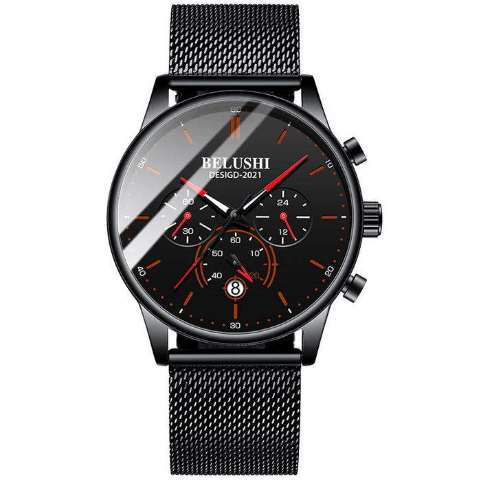 Reloj BELUSHI para hombre, marca de lujo, famoso reloj masculino, relojes negros, correa de Milán ultrafina, reloj de pulsera de cuarzo de acero inoxidable para hombre 