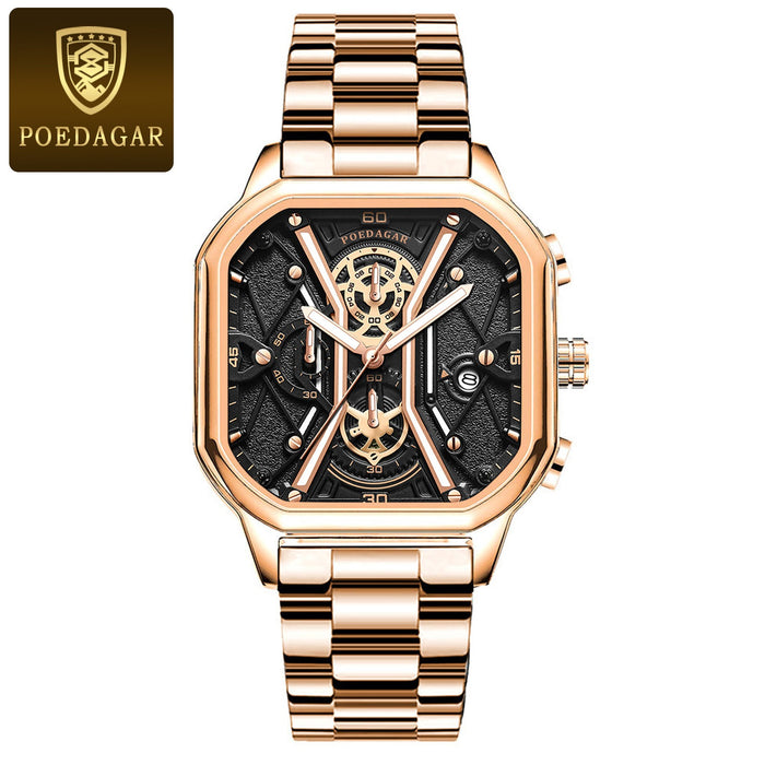 POEDAGAR, relojes de pulsera de lujo a la moda para hombre, cronógrafo luminoso, resistente al agua, reloj con fecha para hombre, esfera cuadrada, relojes de cuarzo de cuero para hombre