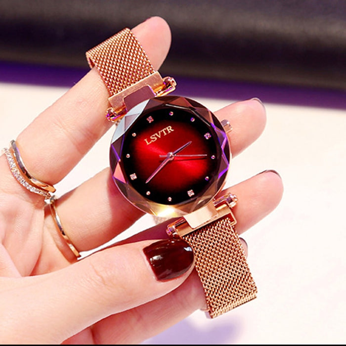 Relojes de lujo de oro rosa para mujer, reloj de pulsera femenino resistente al agua con imán de cielo estrellado y diamantes a la moda para regalo