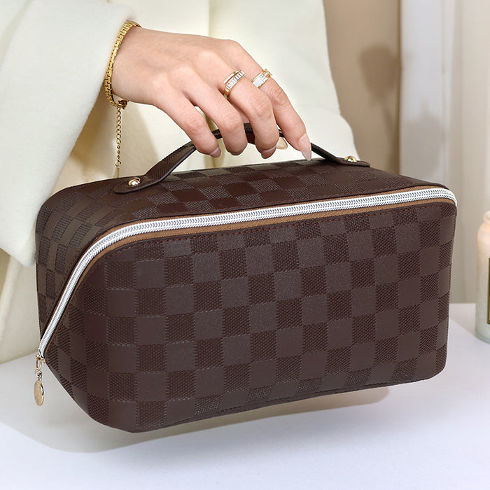 PU leather travel wash bag storage bag wholesale high beauty checkerboard makeup bag super large capacity portable pillow bag