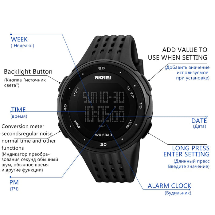 SKMEI 1219 Men Digital Watch LED Display Waterproof Male Wristwatches Chronograph Calendar Alarm Sport Watches Relogio Masculino