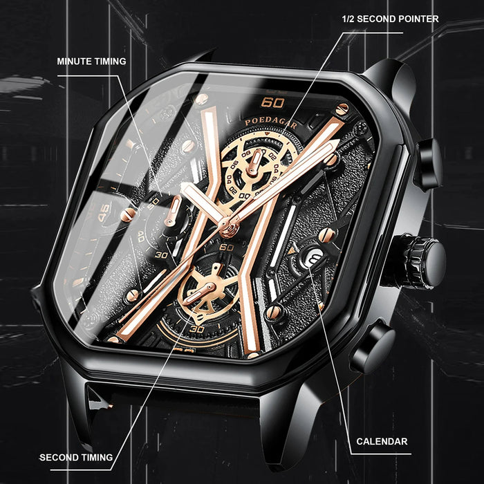 POEDAGAR Fashion Men Luxury Wristwatches Chronograph Luminous Waterproof Date Man Watch Square Dial Leather Quartz Men's Watches