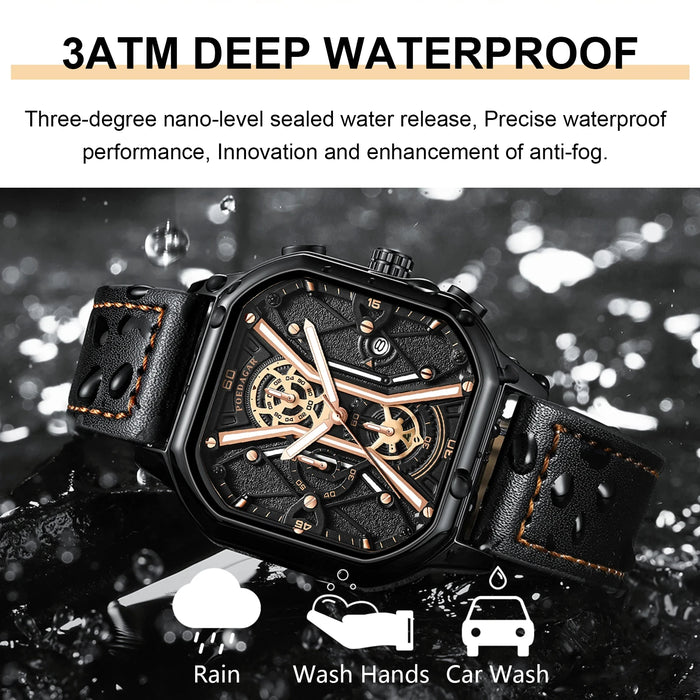 POEDAGAR, relojes de pulsera de lujo a la moda para hombre, cronógrafo luminoso, resistente al agua, reloj con fecha para hombre, esfera cuadrada, relojes de cuarzo de cuero para hombre