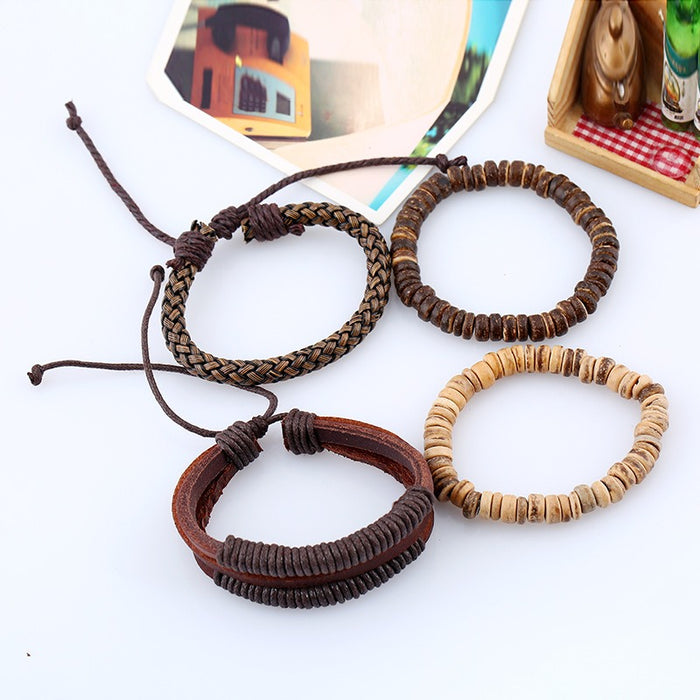 Conjunto de pulsera retro minimalista europeo y americano, pulsera de piel de vaca tejida DIY, pulsera de concha de coco, cuerda de cáñamo para hombre, cuero br