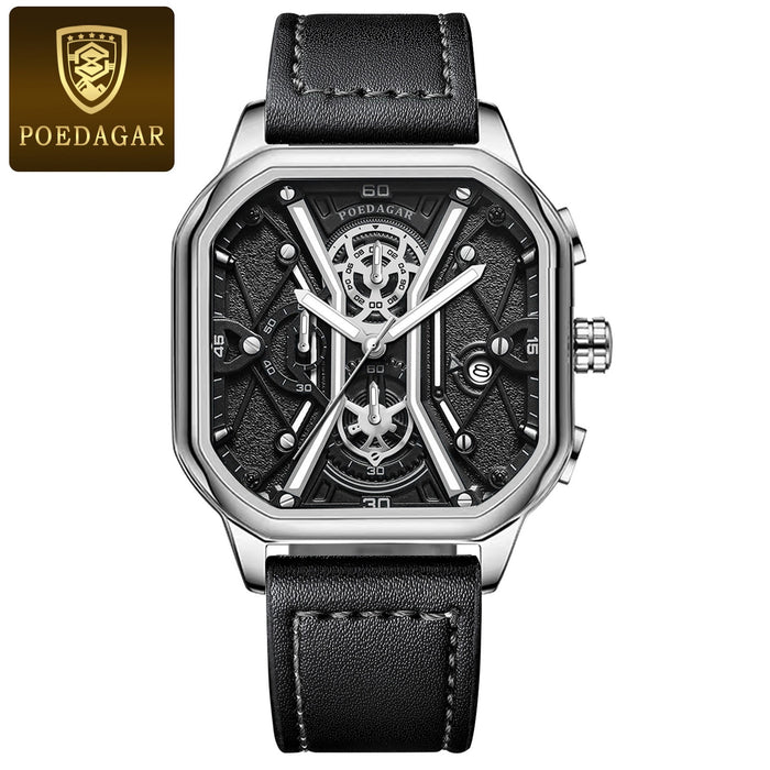 POEDAGAR Fashion Men Luxury Wristwatches Chronograph Luminous Waterproof Date Man Watch Square Dial Leather Quartz Men's Watches