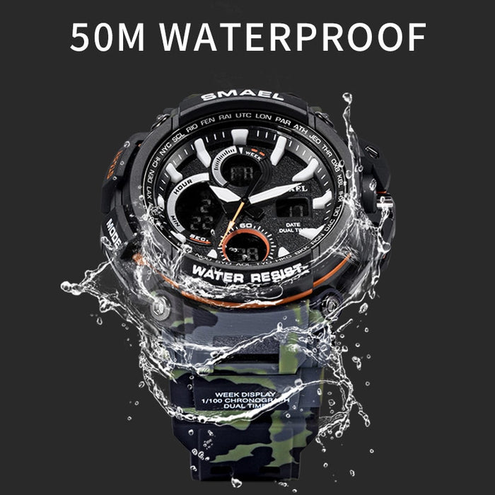 SMAEL Camouflage Military Watch Men Waterproof Dual Time Display Mens Sport Wristwatch Digital Analog Quartz Watches Male 1708