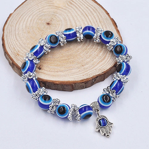 Brazalete de Fátima hecho a mano con cuentas de mal de ojo, pulsera elástica para parejas, joyería para mujer