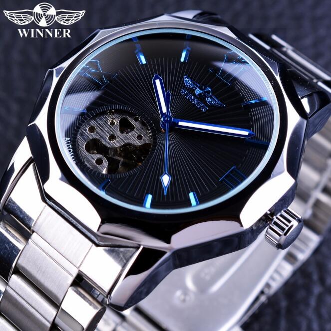 Winner-reloj mecánico automático para hombre, esfera con mecanismo a la vista, diseño geométrico, Océano Azul, marca superior, reloj mecánico automático de lujo 