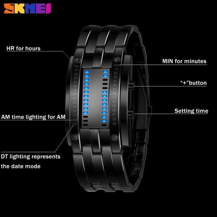 Reloj deportivo SKMEI 0926 creativo de moda para hombre, correa de acero inoxidable, relojes con pantalla LED, reloj Digital resistente al agua 5Bar, reloj para hombre 