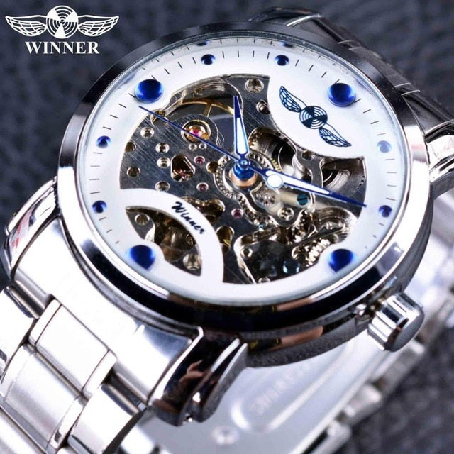 Ganador Océano Azul Moda Diseñador Casual Acero Inoxidable Hombres Reloj Esqueleto Relojes Para Hombre Relojes de Primeras Marcas Reloj Automático de Lujo