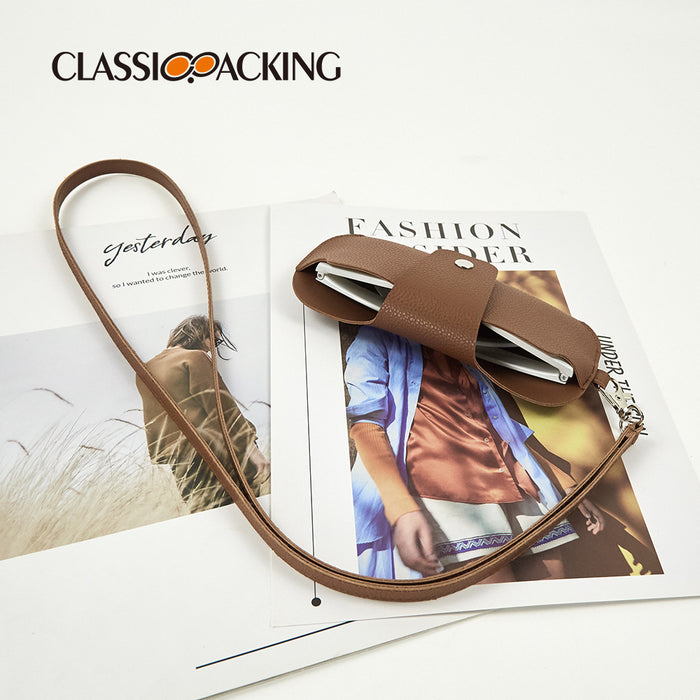 Fashion PVC Double-Sided Leather Glasses Protective Case Portable Leather Mirror Clip Hanging Neck Glasses Bag Anti-Lost Glasses Protective Case