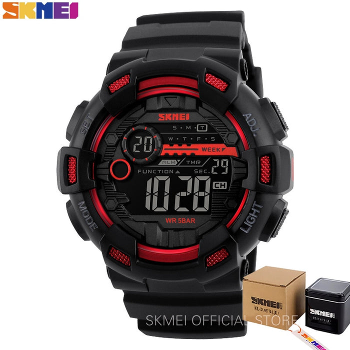 Reloj deportivo SKMEI 1243 para exteriores, reloj multifunción para hombre, 5bar, resistente al agua, correa de PU, relojes con pantalla LED, reloj Digital cronógrafo para hombre 