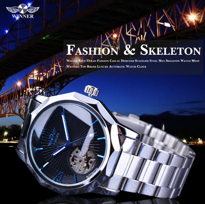 Winner Blue Ocean Geometry Design Transparent Skeleton Dial Mens Watch Top Brand Luxury Automatic Mechanical Watch Clock