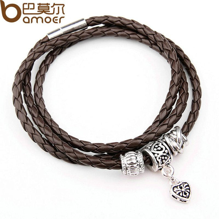 Pulsera de cuero negro con dije de plata BAMOER para mujer, joyería con cierre magnético de cinco colores PI0311 