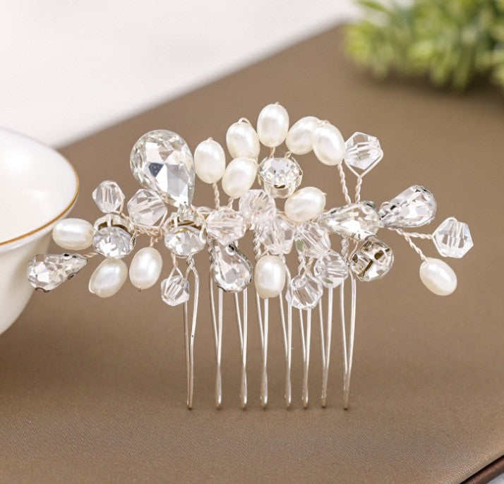 Peineta de cristal hecha a mano con perlas de cristal, joyería de boda sencilla 