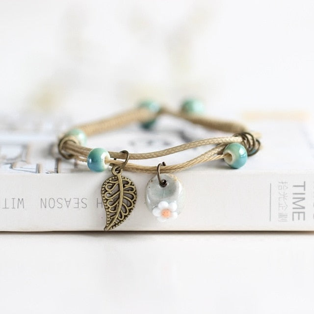 Ceramic Cute Flower Leaf Pattern Bracelets Handmade Vintage Boho Style Trendy jewellery